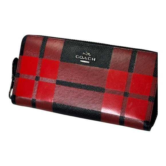 Coach Buffalo Plaid Red & Black Checkered Zip Around Wallet - Picture 1 of 9